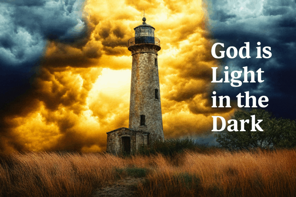 Light house with God shining down on the world through dark clouds with the words: God is light in the dark