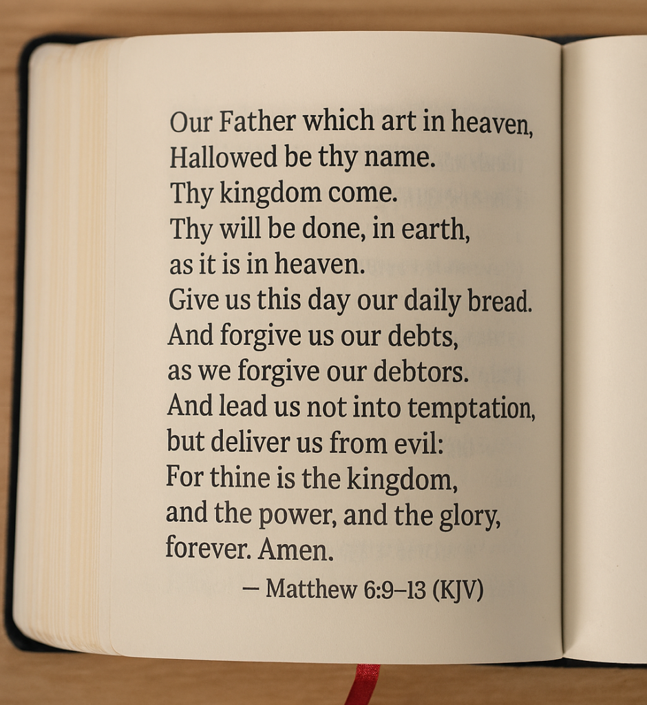 Open bible to the Lord's Prayer