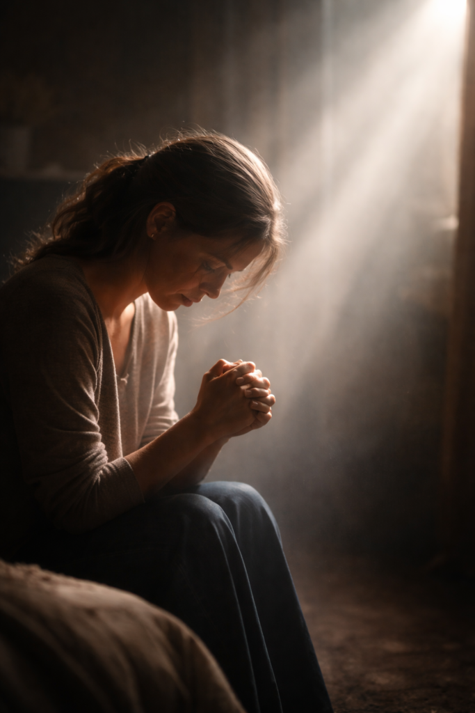 God's Plan for Every Searson: Cross on Hill with Light Shining from Heaven of our Faith Stories-A woman sits quietly in a shadowed room with her hands clasped in prayer. Soft light pours in from above, gently illuminating her face and hands, symbolizing hope, faith, and God’s presence emerging from darkness.