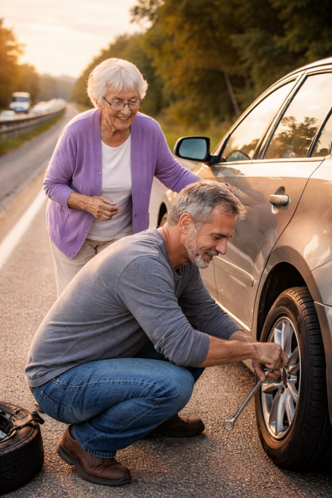 Frieda smiling over son changing her tire as she rolls off interstate