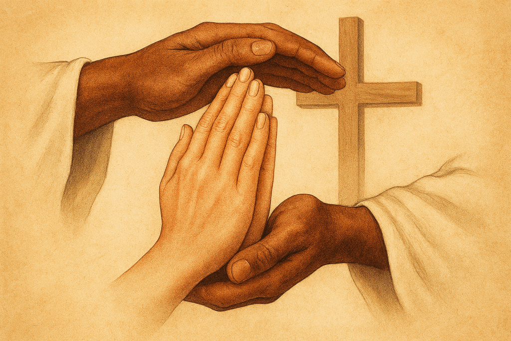 Jesus' hands covering a praying person's hands with cross in the background