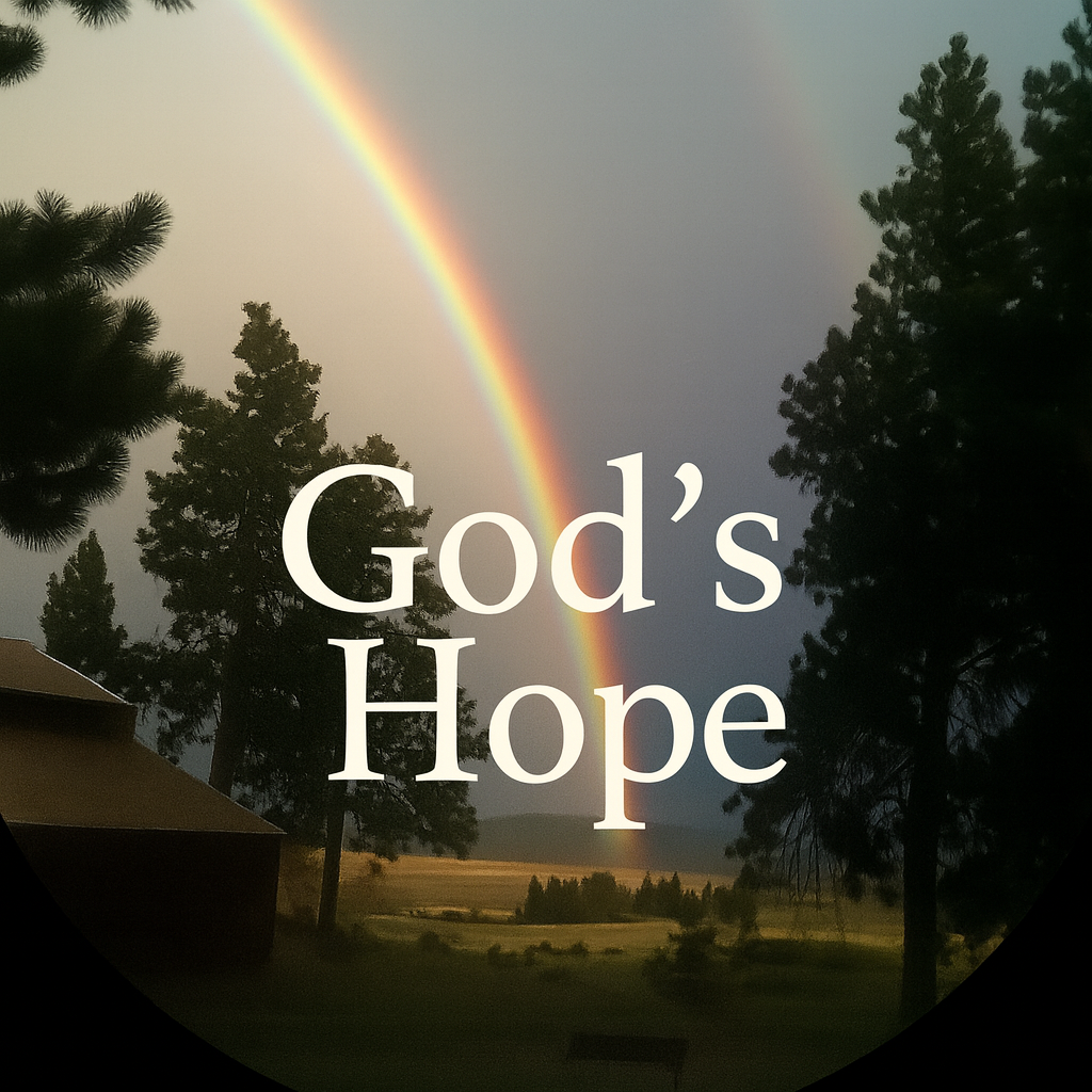 image of double rainbow over mountain range with trees and the words: God's Hope