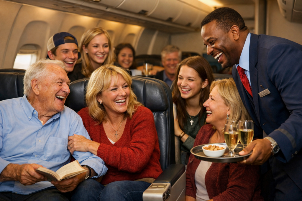 Family Joy laughing in flight
