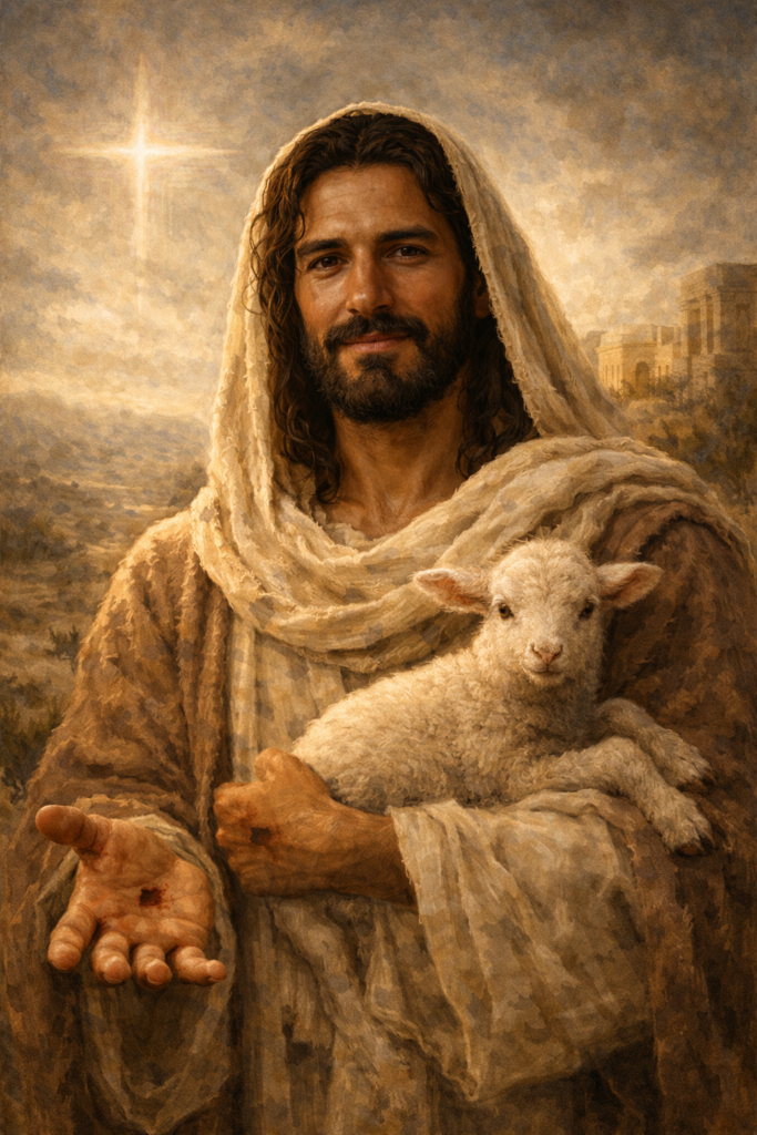 Jesus after the crucifixion stands holding a lamb, showing compassion, gentleness, and care. Soft golden light surrounds Him, and a faint cross glows in the background, symbolizing Jesus as the risen Savior and the Lamb of God who gave His life for the world.