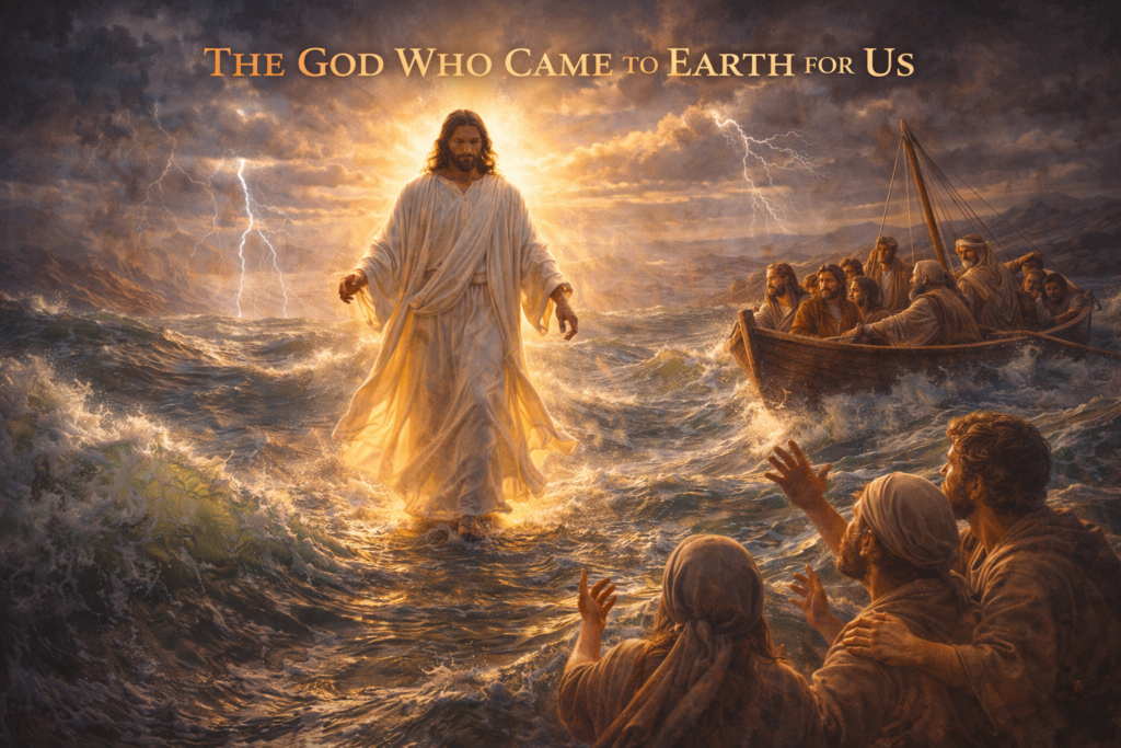 Jesus walking on the water, coming with power and compassion to rescue us in our storms