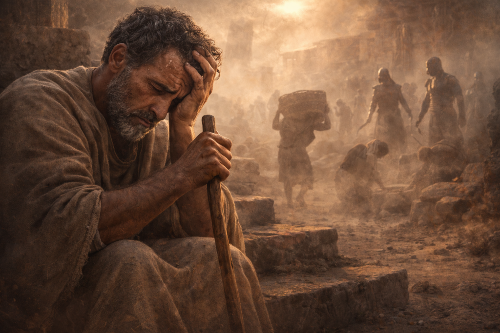 An exhausted man sits on a rock, head in hand, showing deep weariness.