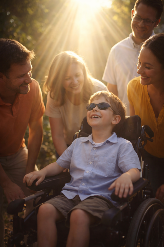 A smiling blind child sits in a wheelchair as warm light shines down from above, while parents and a teacher stand nearby looking on with love, support, and joy, symbolizing dignity, purpose, and God’s presence in the child’s life.