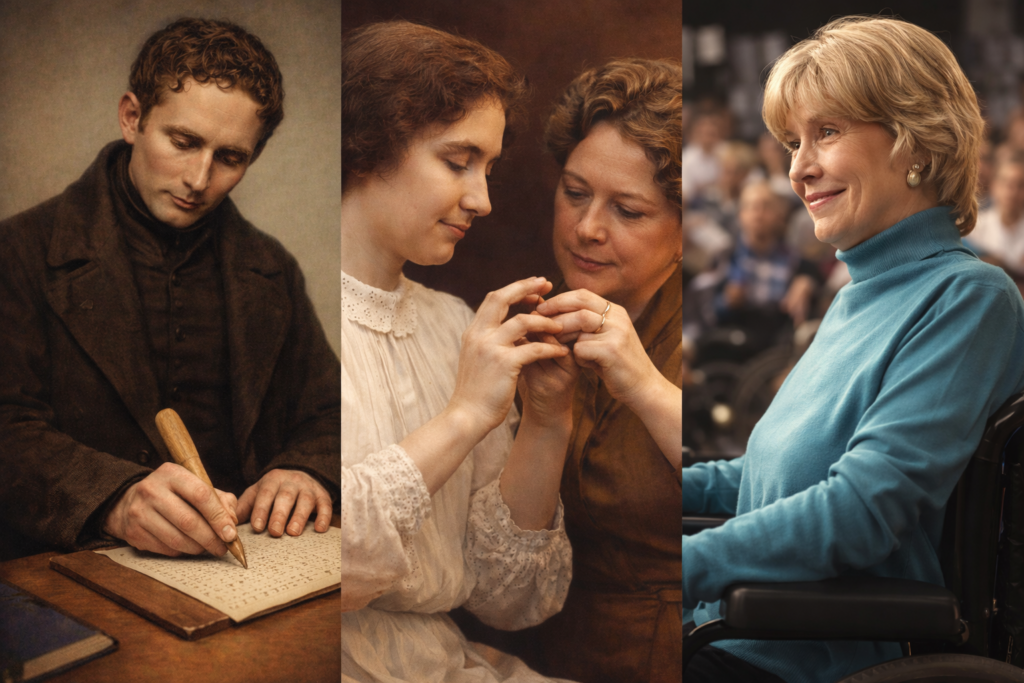 Louis Braille writing braille with stylus, Helen Keller and Annee Sullivan tactile signing, Joni Tada speaking in auditorium