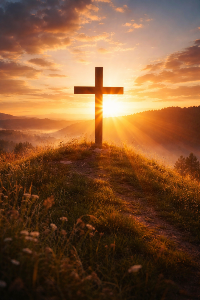 Cross on Hill with Light Shining from Heaven of our Faith Stories