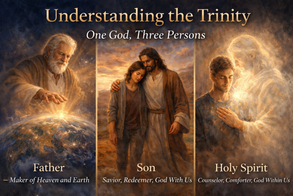 “One image in three panels showing the Trinity: the Father creating the earth, the Son walking beside a weary woman, and the Holy Spirit touching a believer with radiant light.”