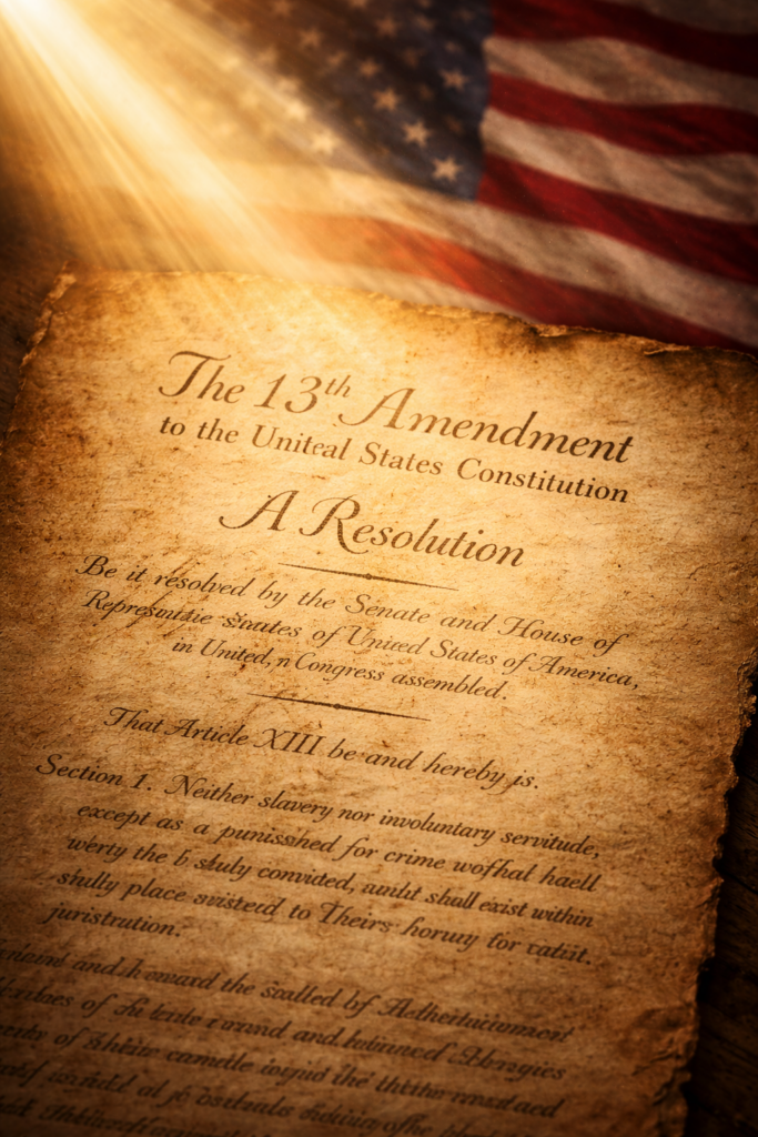 13th amendment with flag waving in the background