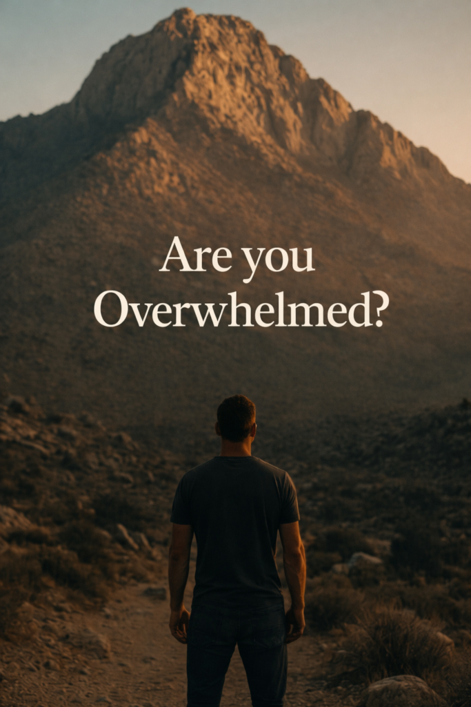 Are you overwhelmed- a man standing and looking at a huge mountain to climb