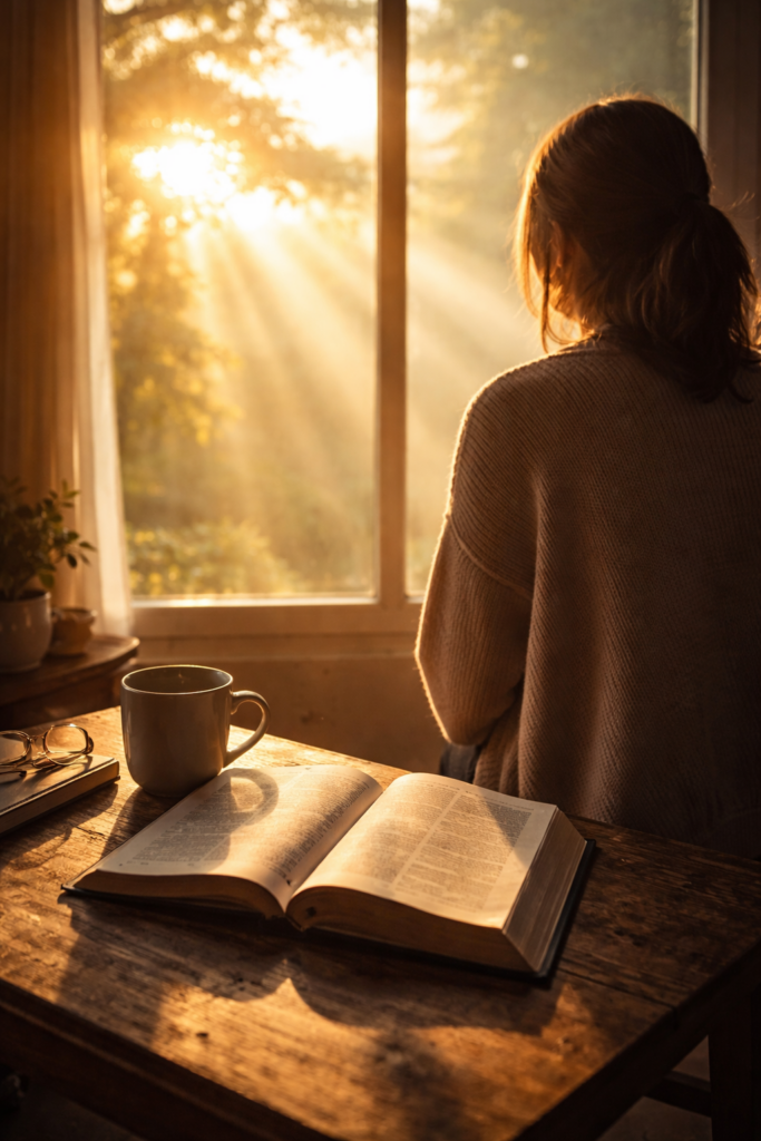 Light through window giving hope to woman