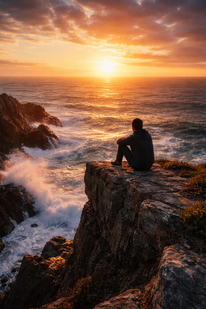 Person sitting on Rock, with waves crashing below and the shine rising-Hope is coming. When Hope Feels Lost, remember that even in the darkest moments, light can return.