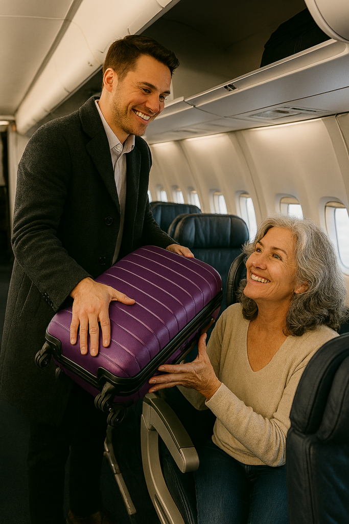 Many handing me my suitcase from the bin