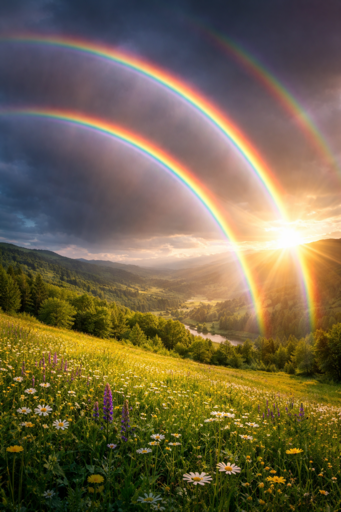 Daily Hope with a Triple rainbow with Light Shining through