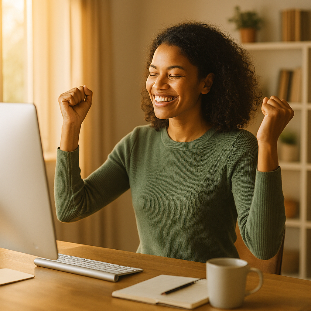 God's Patience in frustrations as a Woman smiles with quiet triumph; hands raised in relief after solving a tech problem